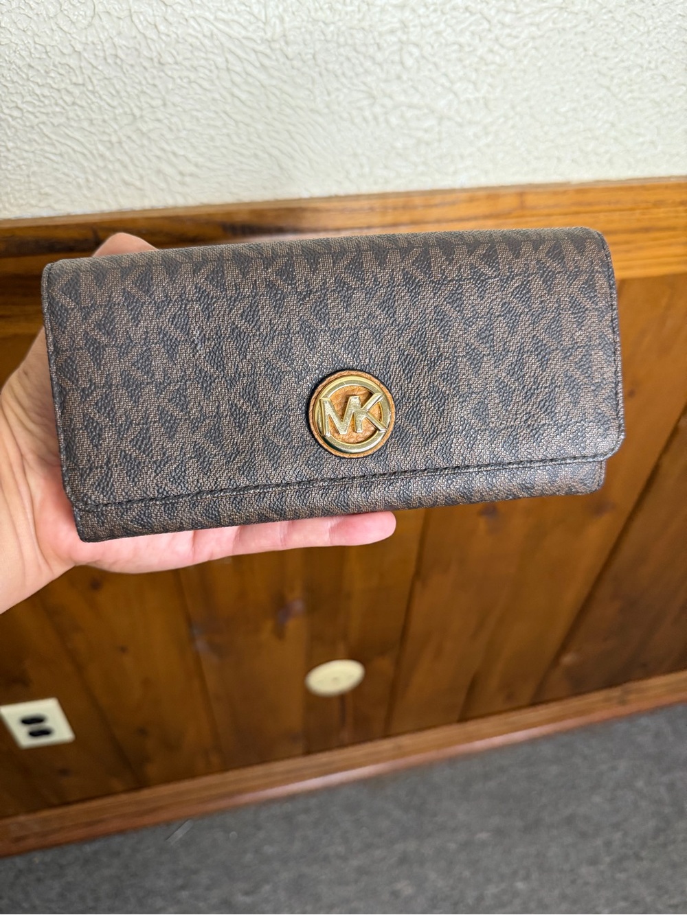 Michael Kors Brown Logo Continental Wallet with Gold MK Emblem